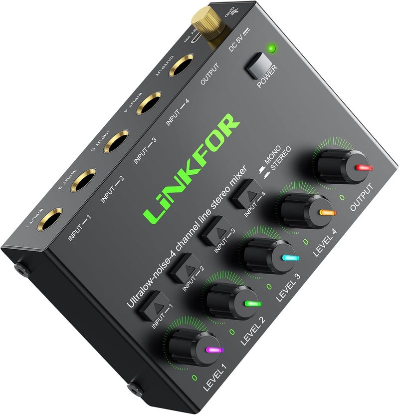LiNKFOR 4 Channel Stereo Audio Mixer CX400 Metal Shell Support RCA Input and Output Mini Passive Stereo Mixer with Separate Volume Controls (6.35mm 4 Channel With RGB light) - Image 1